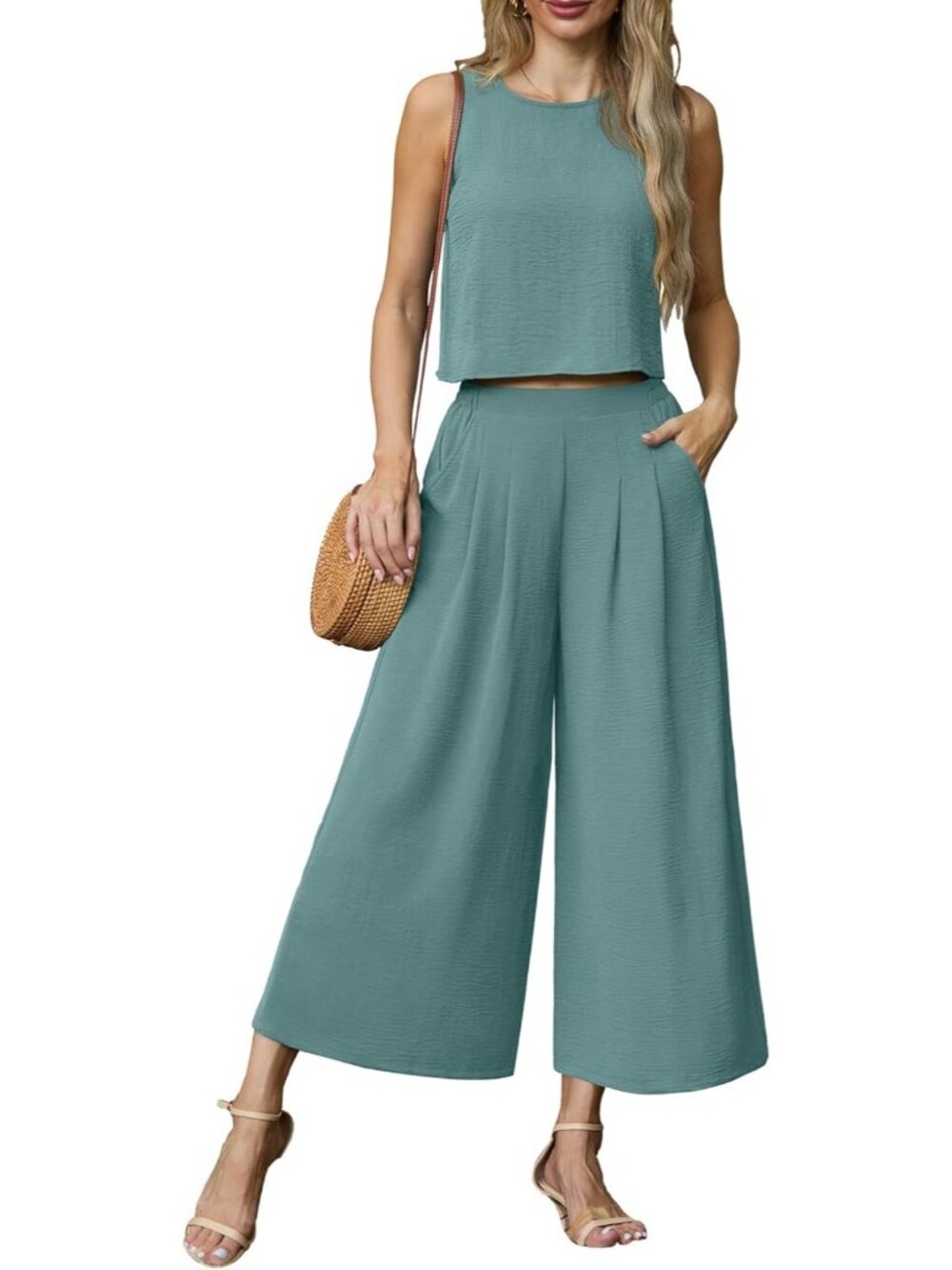 Women's Aqua Green Summer 2 Piece Outfits Sleeveless Crop Top Flowy Wide Leg
